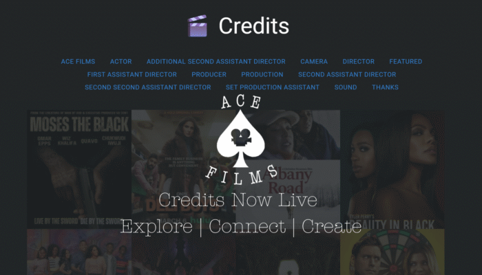 ACE Films Credits Page announcement banner with tagline Explore Connect Create.