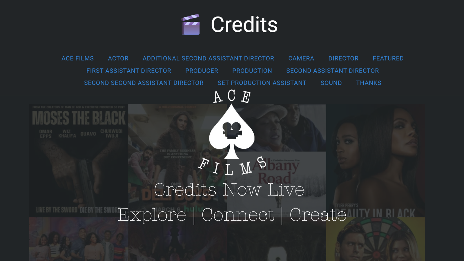 ACE Films Credits Page announcement banner with tagline Explore Connect Create.