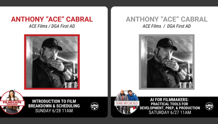 Anthony “ACE” Cabral Filmscape Chicago 2026 class badges for Introduction to Film Breakdown and Scheduling and AI for Filmmakers.